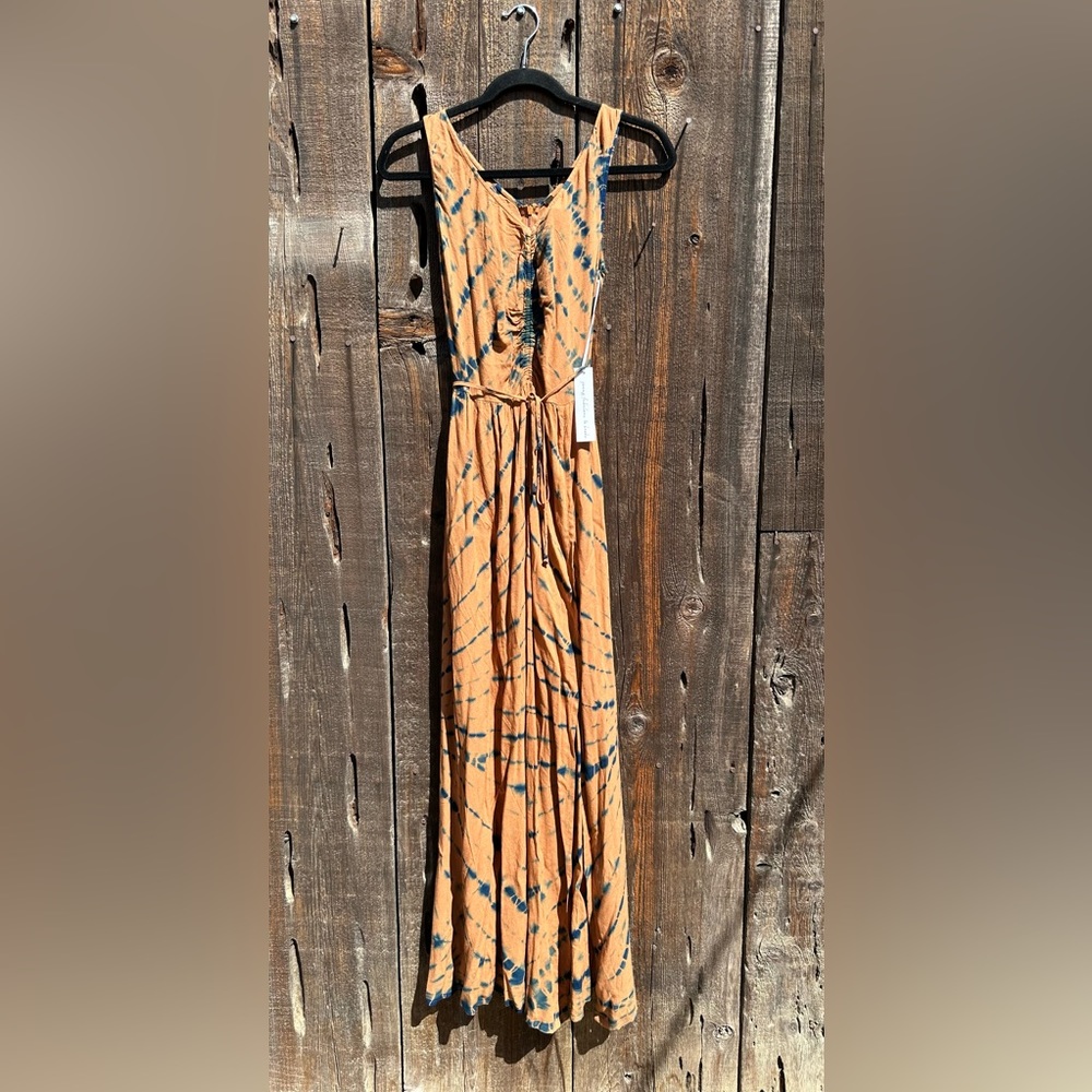 NWT Young Fabulous & Broke Blue Frida Dress in Tan & Blue w Slit & Belt - Picture 1 of 14